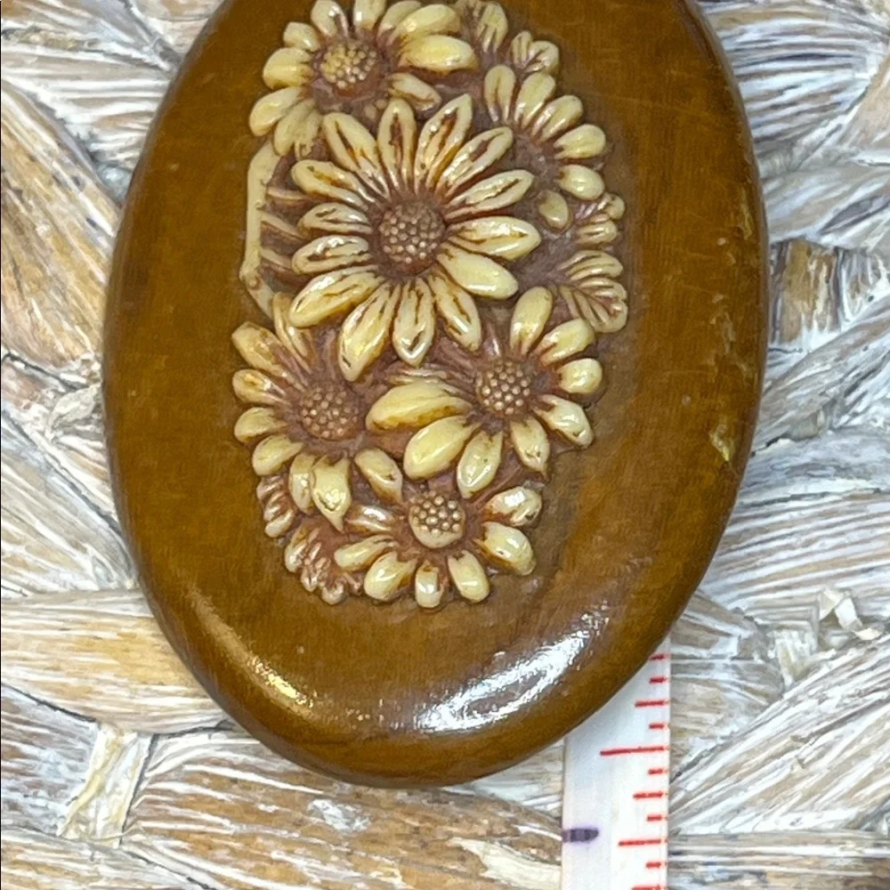 Vintage‎ Floral Carved Celluloid Wooden Brooch